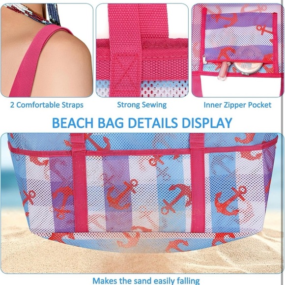 Mesh Beach Bag Tote Bag for Women, Foldable Swim Large Beach Tote Bag with Zippe - Picture 3 of 5